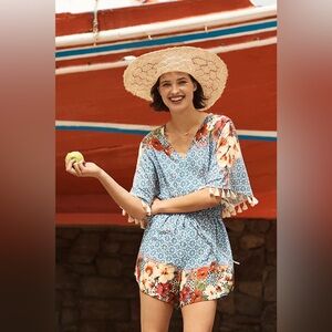 FARM Rio‎ Carmen Blue Pattern Floral Tassel Romper, Size XS